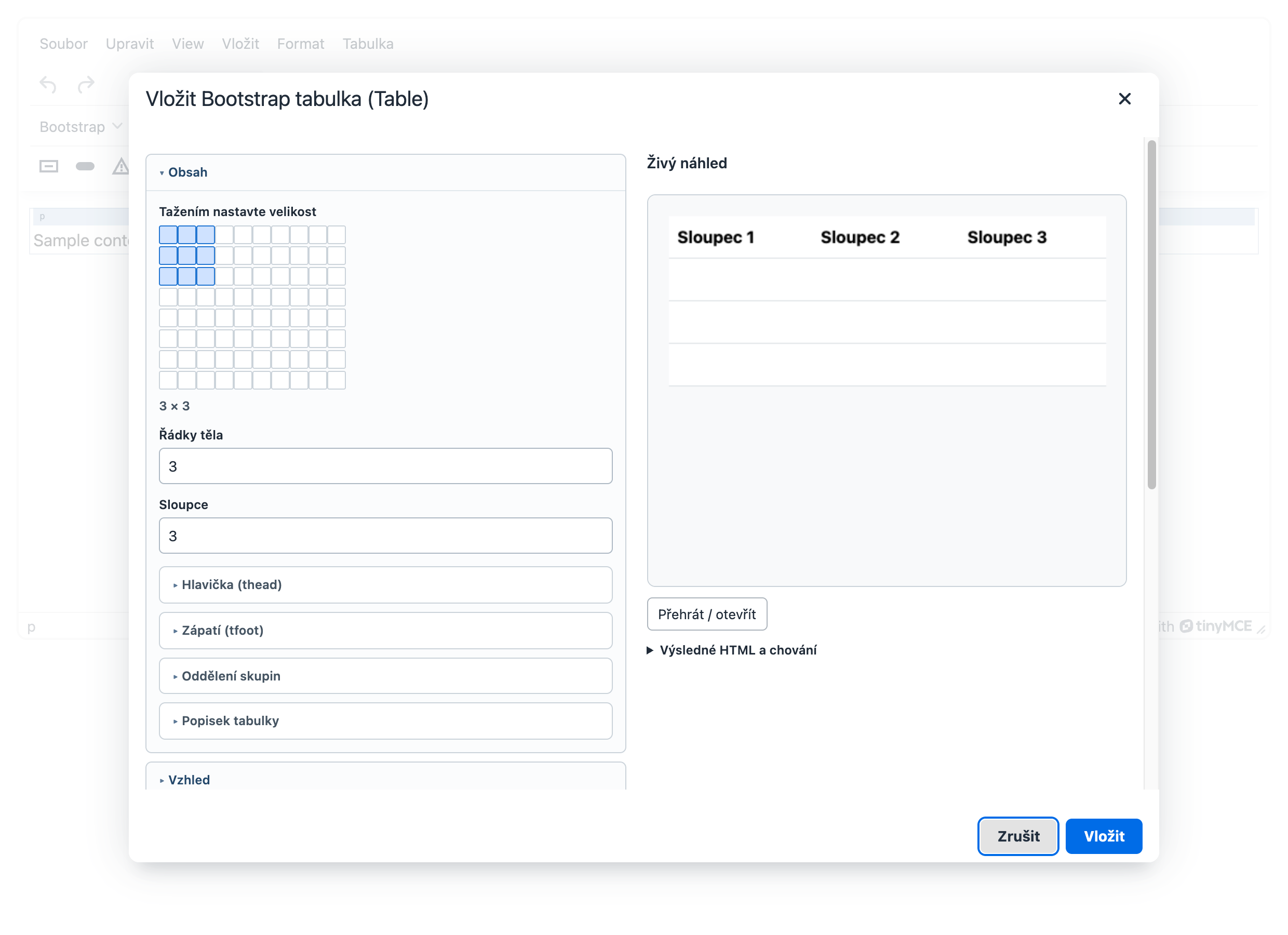 Dialog tabulky Bootstrapu