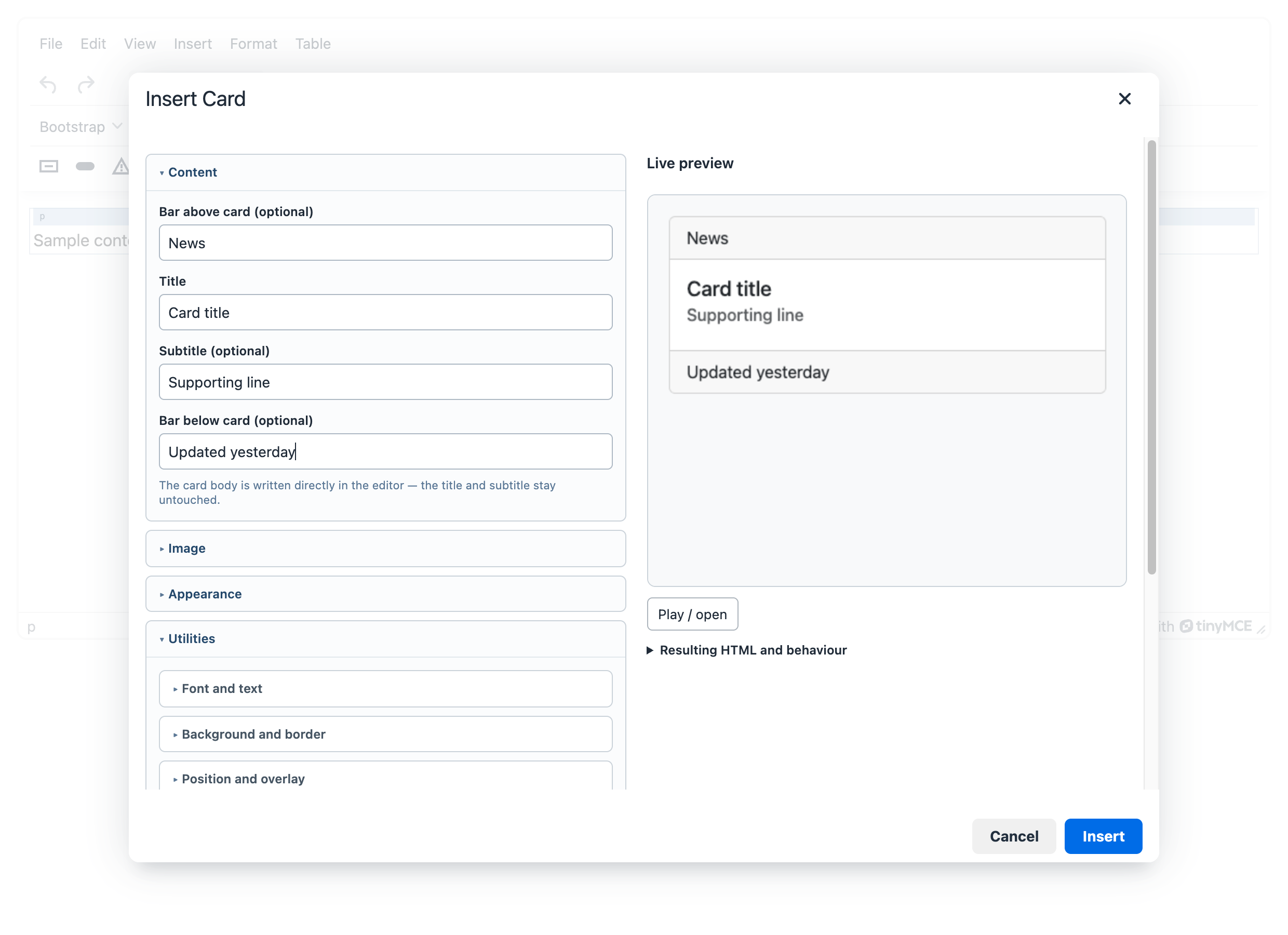 The Card dialog with the live preview