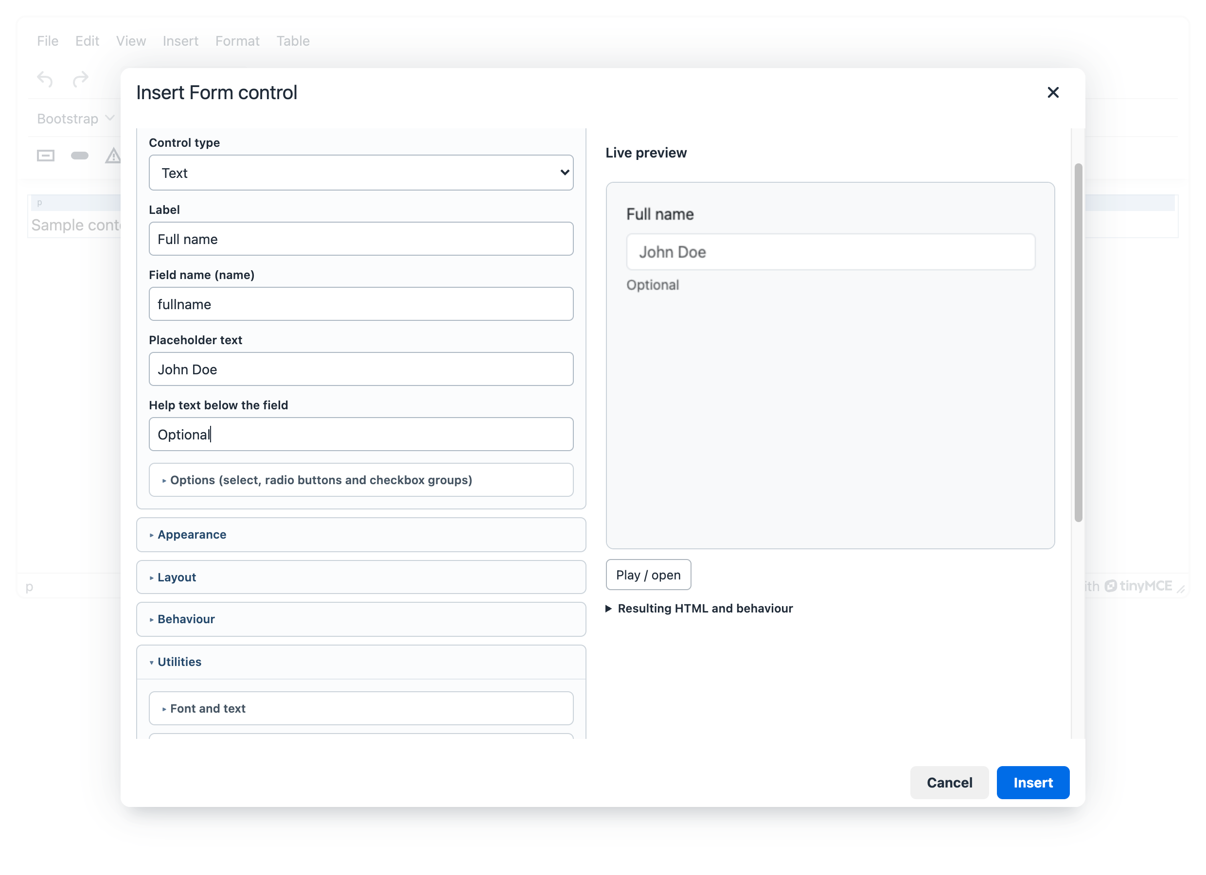 The Form control dialog