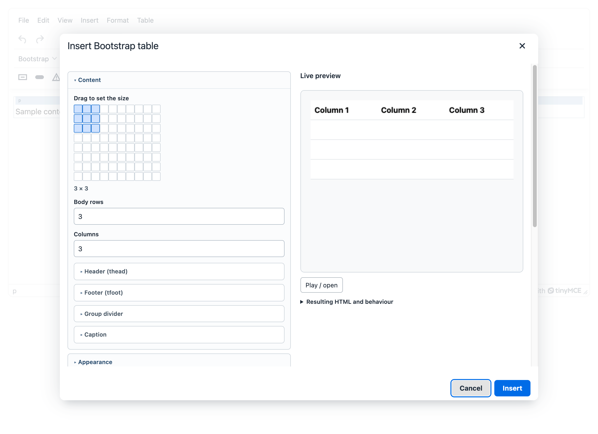 The Bootstrap table dialog