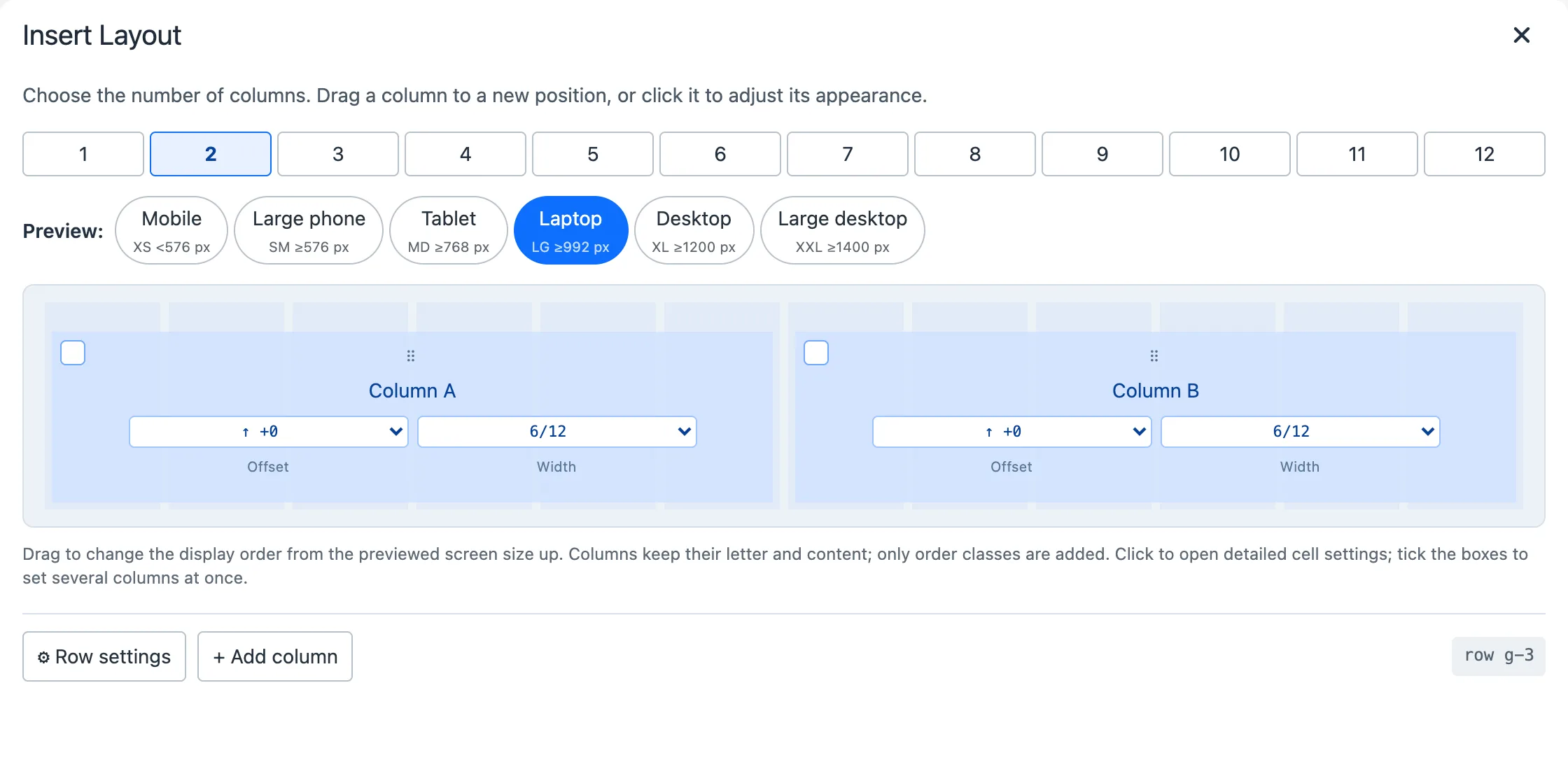 The grid designer switching the row preview between the LG, MD, SM and mobile breakpoints; on mobile both columns stack