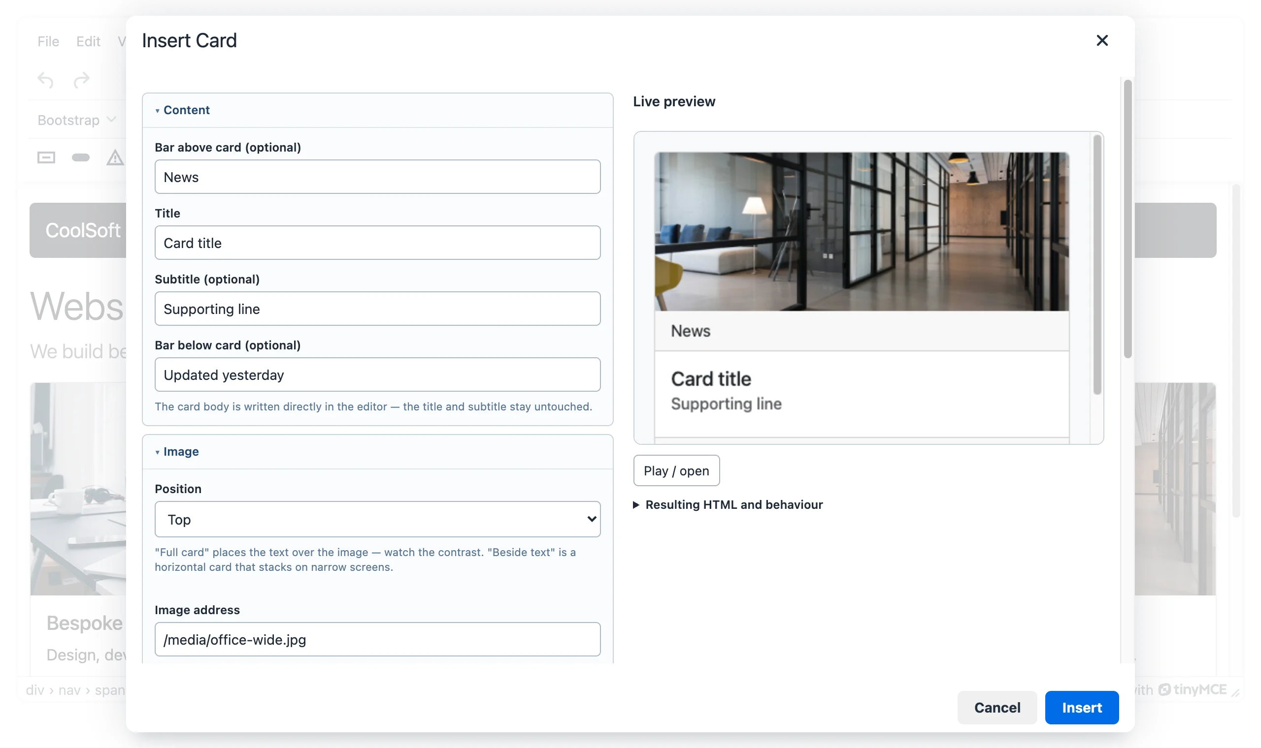The card insertion dialog with completed fields and a preview of a card with a photo and title