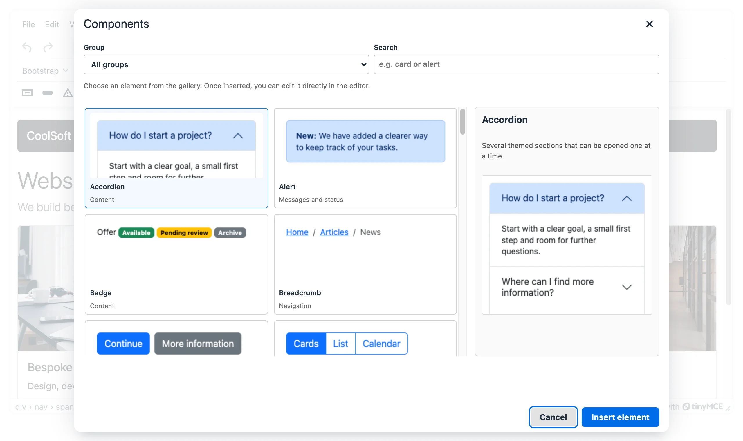 The page elements gallery: tiles previewing an accordion, an alert, a badge and a breadcrumb, with the selected element shown beside them