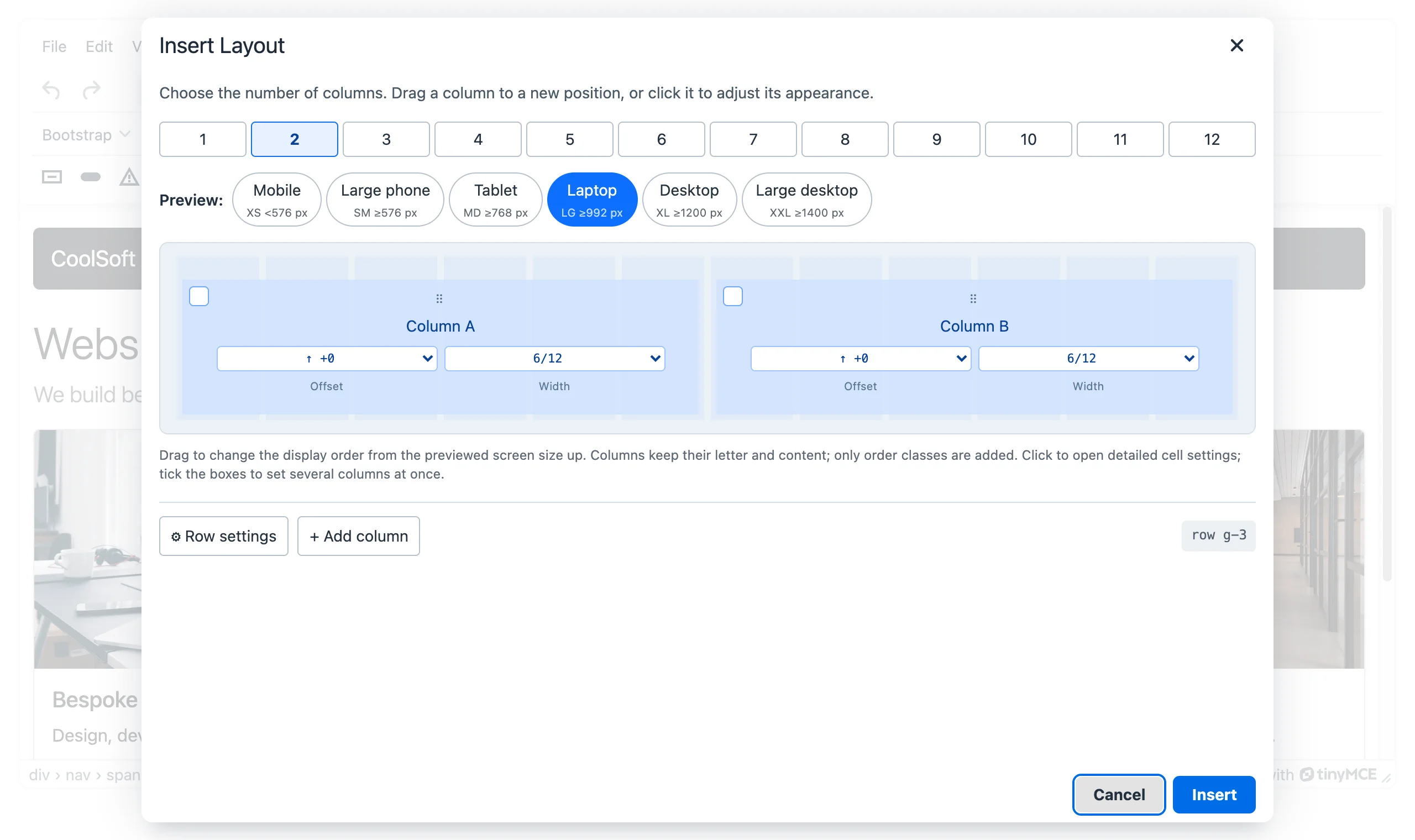 The Insert layout dialog with the column count control and a row preview for the LG breakpoint